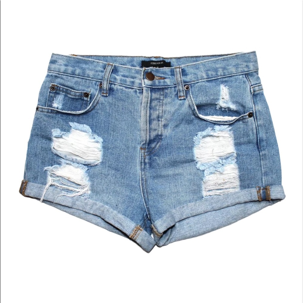 Women's Forever 21 Medium Blue Wash Distressed Cuffed Denim Shorts Size 27 US